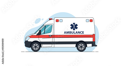 Profile view illustration of a modern white ambulance emergency vehicle with red and blue sirens and medical symbols.