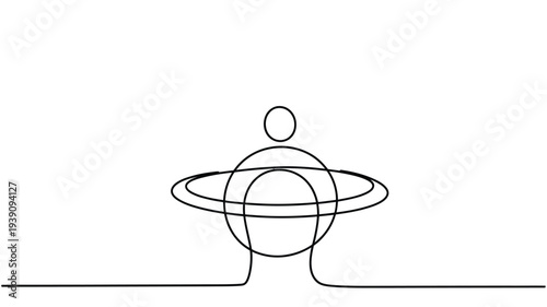 Simple line drawing depicts a planet with rings and a small moon above