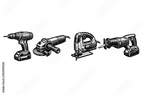 Power Electric Tools Vector Set in Vintage Engraving Style
