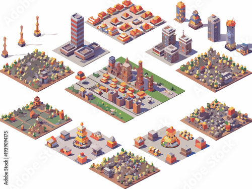 Isometric cityscape with modular buildings greenery and chess pieces