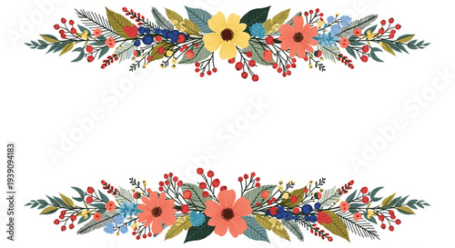 Pair of horizontal floral border arrangements featuring colorful wildflowers and berries for wedding invitations and cards.
