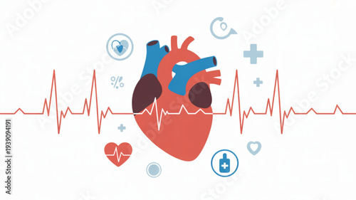 Heart health medical concept with ecg line and health icons on white background for healthcare and wellness