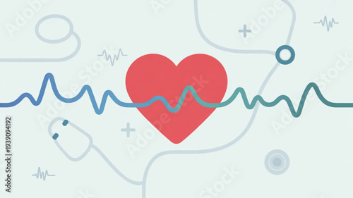 Heart health concept with ecg line and medical symbols on light background