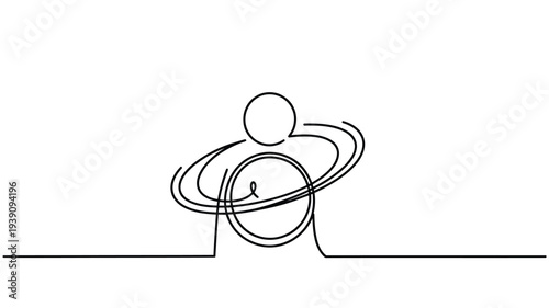 Continuous line drawing of a person embracing a planet with rings