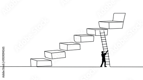 A silhouetted figure climbs a ladder ascending a staircase of rectangular blocks