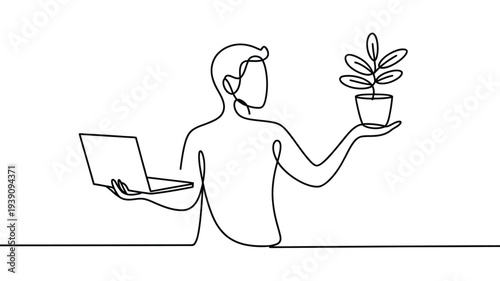 A minimalist line drawing depicts a person balancing work and plant life