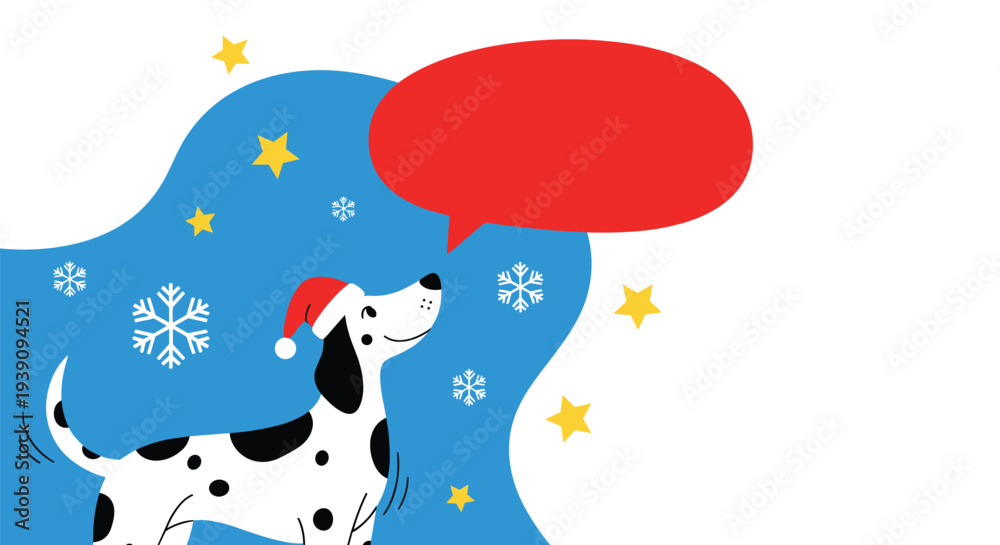Fototapeta premium Adorable dalmatian dog wearing a red Santa hat standing in a snowy winter scene with a large red speech bubble.