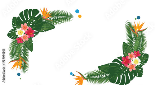 Decorative corner elements featuring green tropical palm leaves and vibrant exotic flowers for creative layout designs.