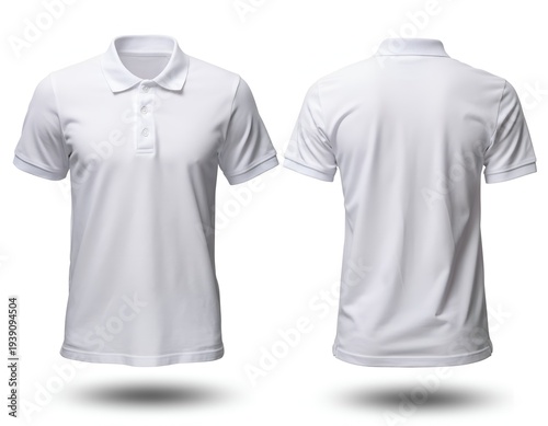 Front and back views of a white polo shirt; casual apparel for mockups and designs.