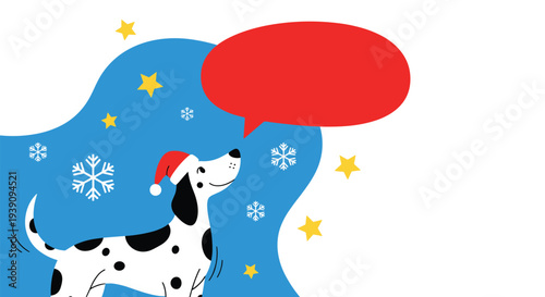 Adorable dalmatian dog wearing a red Santa hat standing in a snowy winter scene with a large red speech bubble.