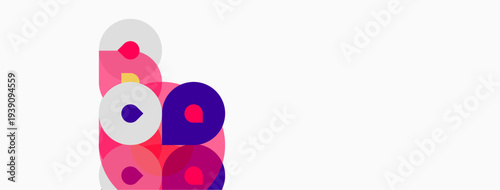 Abstract shapes, pinks, purples, whites overlap. Modern design, simple composition, clean aesthetic. Minimalist artwork, vibrant colors present.