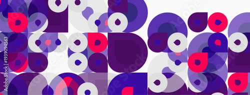 Abstract pattern. Overlapping circles, varying sizes, purple, pink, white hues create dynamic composition. Modern design element.