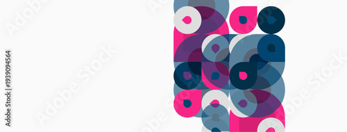 Abstract composition featuring overlapping circles. Pink, blue, purple hues dominate design. Minimalist, modern aesthetic.