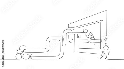 Continuous line drawing of a person viewing artwork in a gallery space