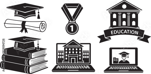 Education icons and symbols for learning and graduation materials