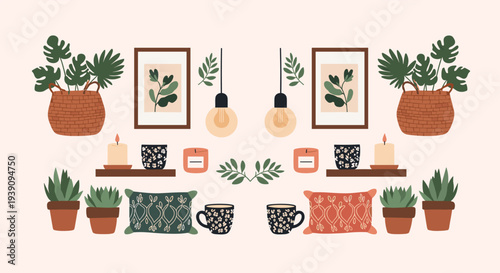 Set of modern and cozy interior decor items including house plants, lamps, candles, pillows, and coffee mugs.