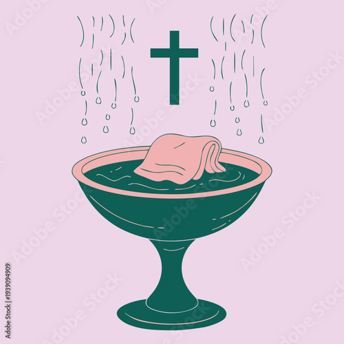 A conceptual illustration depicting a baptismal font with a cloth submerged in water, a Christian cross overhead, and falling droplets, symbolizing spiritual cleansing and religious sacrament 
