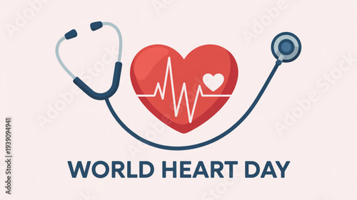 World heart day awareness graphic with stethoscope and red heart symbol on light background