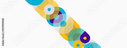 Abstract colorful circles overlap diagonally across white space. Bright hues create dynamic visual flow. Simple geometric shapes dominate composition.