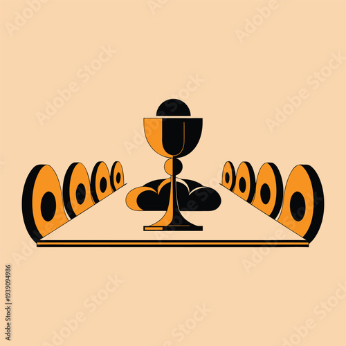 Stylized graphic illustration depicting a sacred communion table, featuring a golden chalice and host bread, rendered with geometric perspective and minimalist design