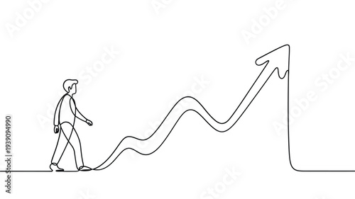 A person walking along a rising line graph symbolizing growth and success