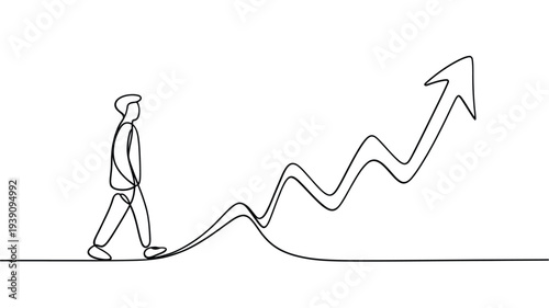 A man walks along a rising line graph symbolizing progress and achievement