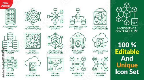 Cloud Infrastructure Architecture Line Icon Set – 9 Server Technology Symbols