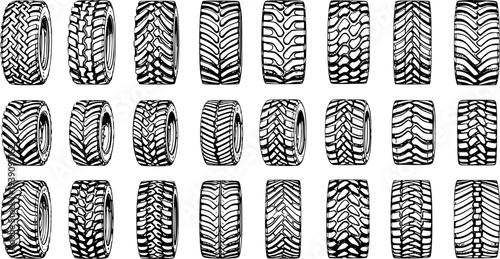 Diverse collection of black and white tire tread patterns for various vehicles, including car, truck, off-road, and heavy-duty designs, vector illustration set.
