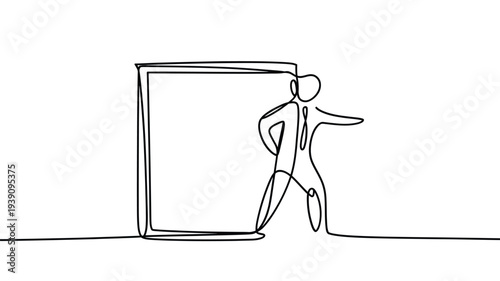 Continuous line drawing of a person stepping through a rectangular frame