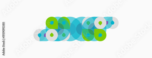Abstract circles overlap, creating colorful patterns. Green, blue, gray hues dominate design. Simple, modern aesthetic.