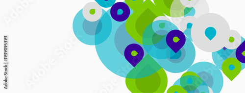 Abstract design features overlapping circles, varying shades green, blue, purple. Clean white background provides contrast, simple geometric shapes dominate composition.