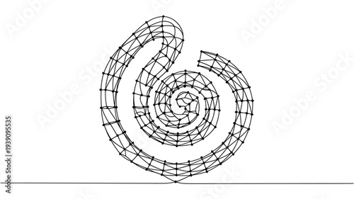 A black and white line drawing of a spiral composed of connected nodes