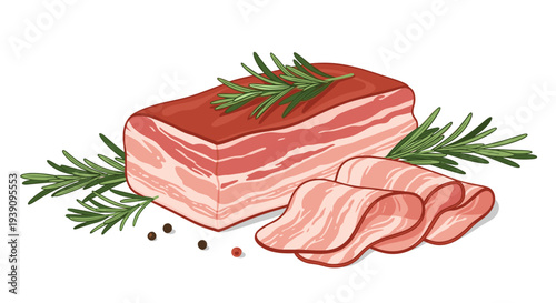 Fresh raw bacon slices and a large slab of cured pork belly garnished with rosemary sprigs and black peppercorns.