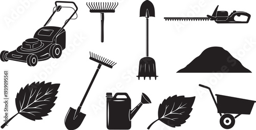 Black and white gardening tools and equipment icons collection
