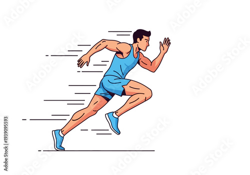 A dynamic illustration of a male athlete sprinting forward with intense motion, capturing the energy and speed of a runner in action