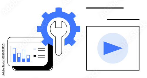Bar chart on display, blue gear with wrench, and video play icon symbolizing analytics, technology improvement, content management. Ideal for technology, marketing, video production, analytics