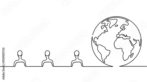 A minimalist line drawing depicts people observing a globe symbolizing global connection