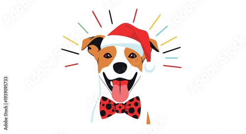 Cheerful happy dog wearing a red Santa hat and a polka dot bowtie with colorful light rays emanating from its head.
