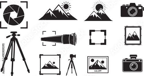 Photography icons and symbols for creative professionals and mountain landscapes