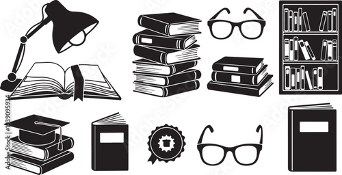 Education and learning concept with books and glasses illustration set