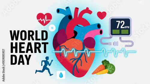 World heart day illustration with healthy lifestyle elements and heart rate monitor