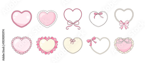 Pink coquette heart frames with cute bows and lace. Cute Valentine border set in pastel girly style for wedding invitations, romantic cards and decorative labels