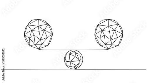 Two geodesic spheres connected by a line with a smaller sphere below