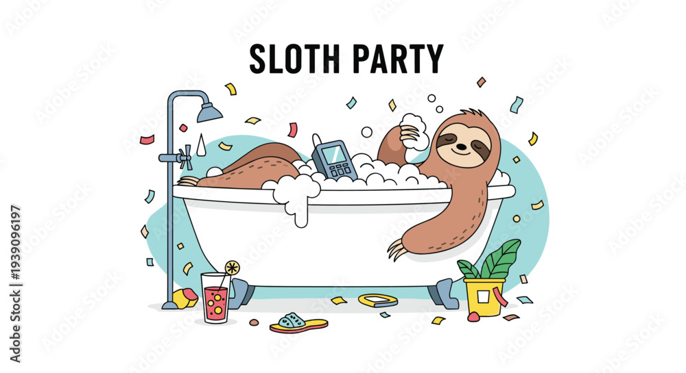 Fototapeta premium Cute sloth relaxing in a bubble bath inside a white tub with confetti falling around for a fun sloth party theme.