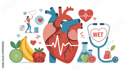Healthy heart with fruits and stethoscope symbolizing wellness and medical care for cardiovascular health