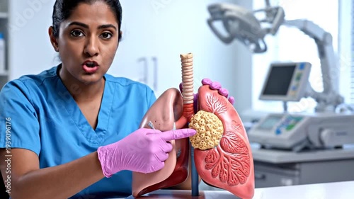 Female doctor in scrubs explains lung tumor model at clinic