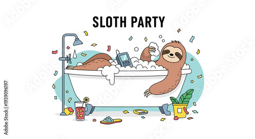 Cute sloth relaxing in a bubble bath inside a white tub with confetti falling around for a fun sloth party theme.