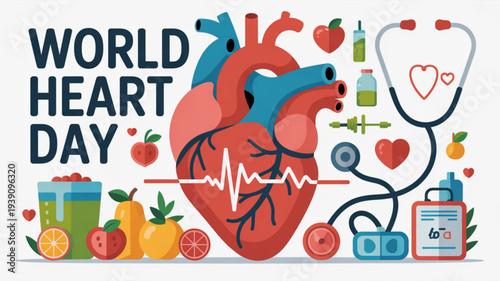 World heart day illustration with heart stethoscope fruits and healthy lifestyle symbols