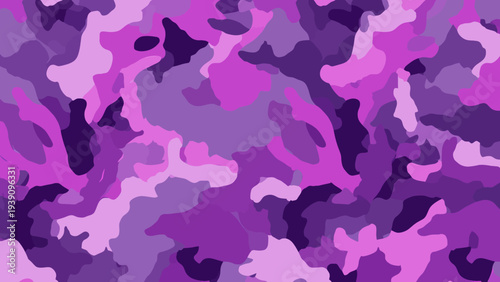 Seamless camouflage pattern in purple and violet hues for military design, viewed from directly above, showcasing abstract shapes and digital illustration.