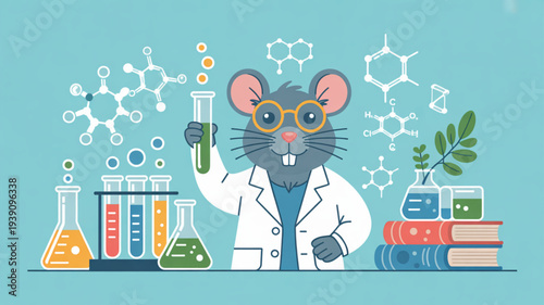 A curious mouse in a lab coat holds a test tube amidst colorful beakers books and molecular structures on a teal background symbolizing science and discovery